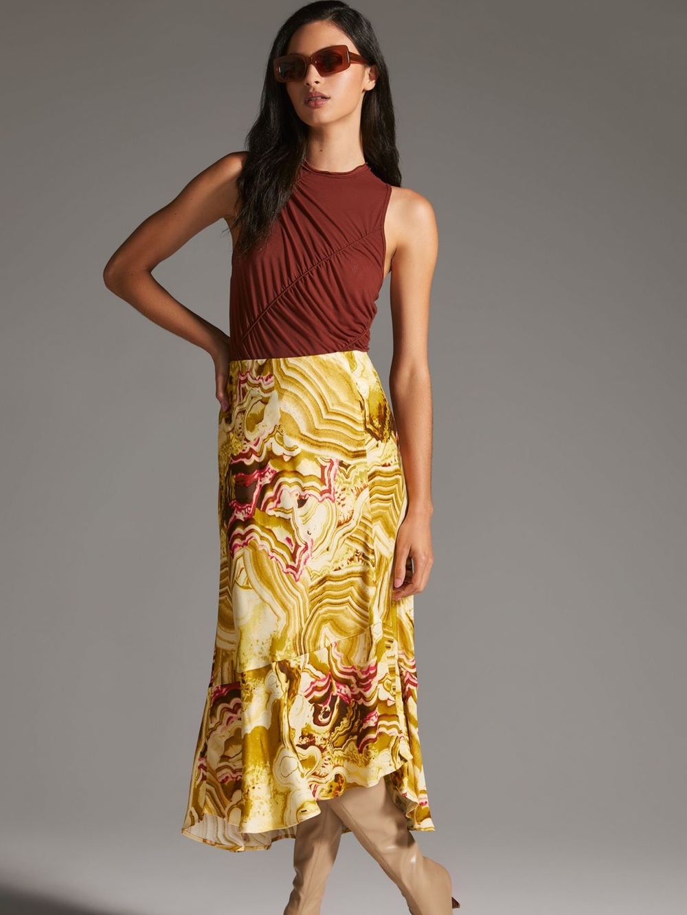Anthropologie Yellow Marble-Print Circle Skirt with Pink & Brown Accents